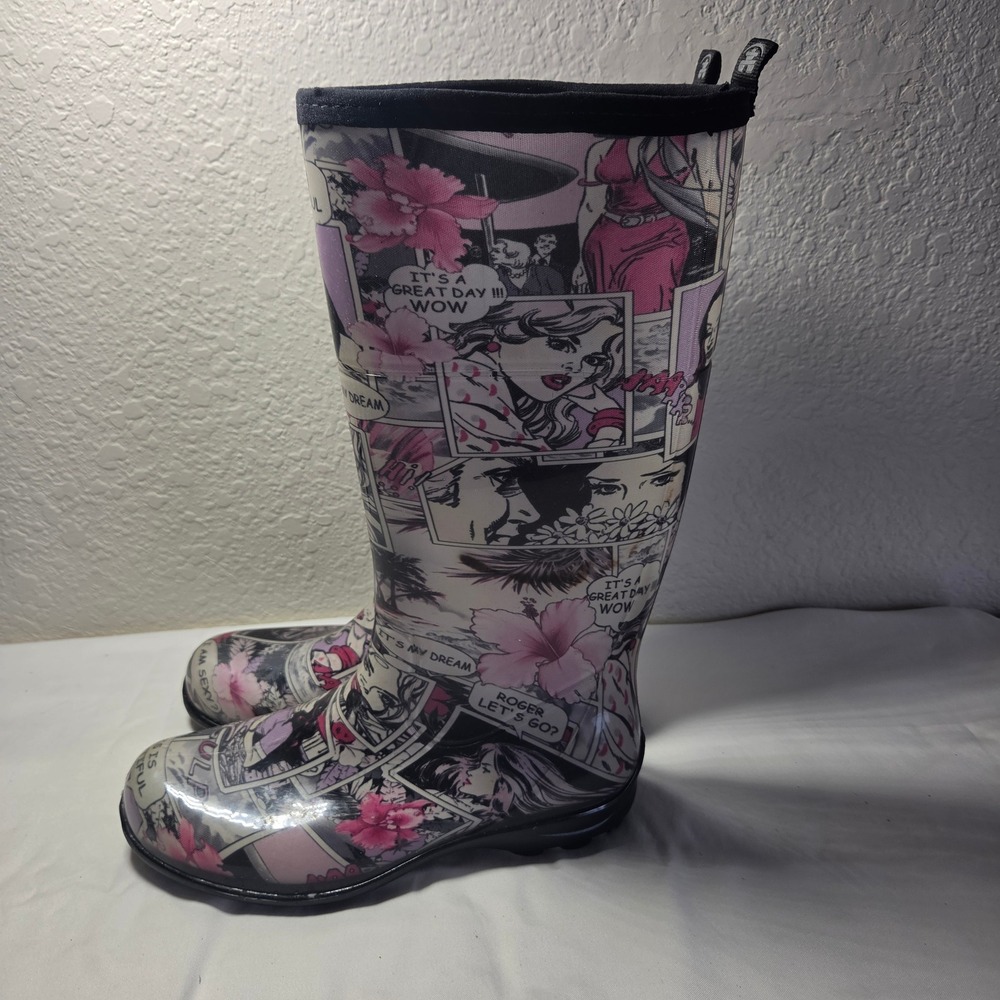 Kamik Womens Comic Book Pop Art Print Rain Boots Pink Floral Waterproof Size 10